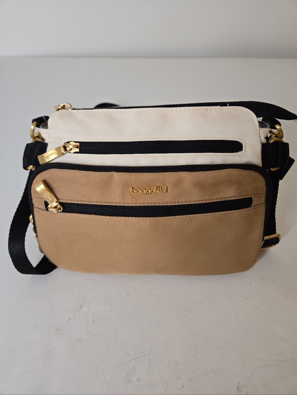 Baggallini Marais Acorn Two-Tone Tan & Cream Crossbody with Black Accents